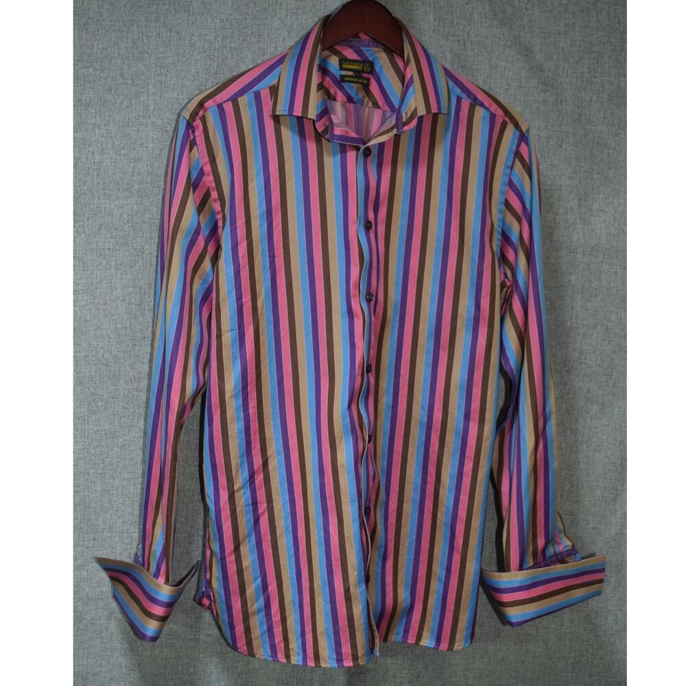 Ted Baker Endurance Stripe Dress Shirt Mens 16 Superfine Cotton Pink Blue Brown